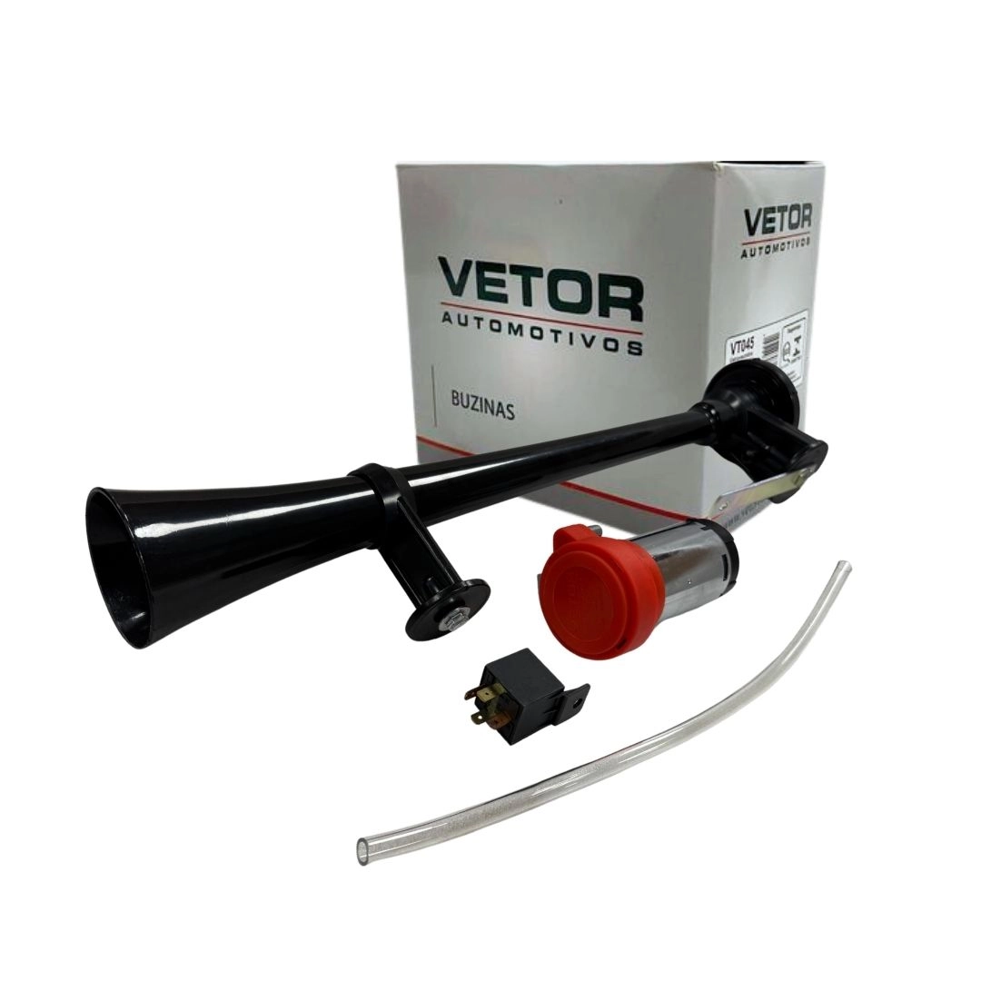 Buzina 12v Vetor VT301P Com Compressor A Ar + Cornetão Preta Com Mangueira