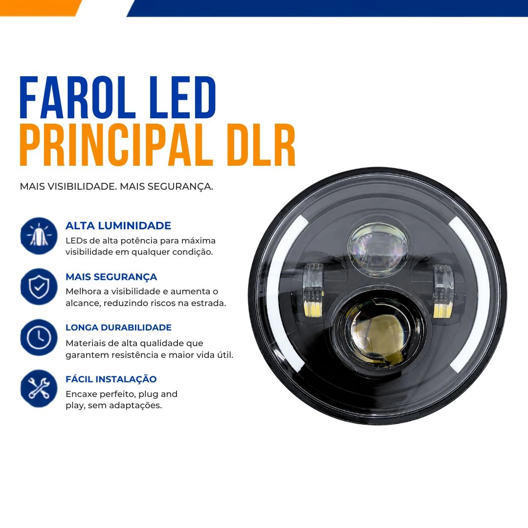 Farol Angel Eyes LED 7 Polegadas 175mm 40 Watts Universal Para Fusca Kombi Defender Jeep Moto Harley Royal Enfield FLX Farol Angel Eyes LED 7 Polegadas 175mm 40 Watts Universal Para Fusca Kombi Defender Jeep Moto Harley Royal Enfield FLX