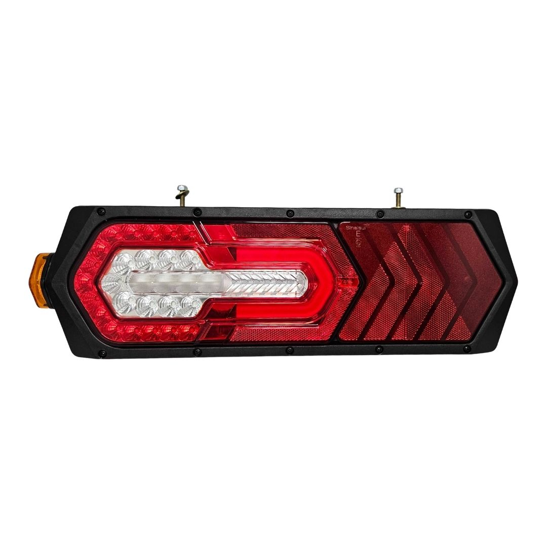 Lanterna Traseira LED 24V Com Guia de Luz e Posição Dupla Lado Esquerdo Fixação Superior Caminhão Carreta Sinalsul