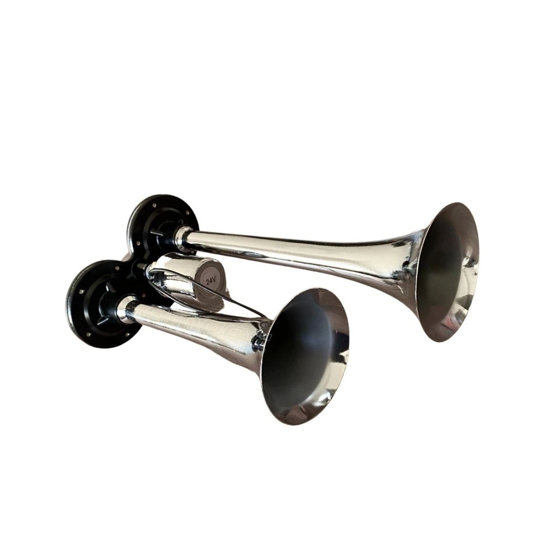 Buzina a Ar para Carro Caminhão Barco 12v 24v Universal 2 Cornetas cromada