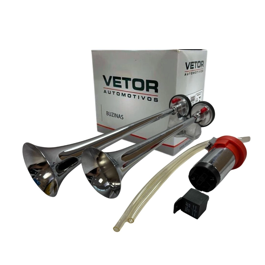 Buzina Marítima 2 Cornetas Cromadas Com Compressor 12v 20a Caminhão Ônibus Van Carro Vetor VT053 Buzina Marítima 2 Cornetas Cromadas Com Compressor 12v 20a Caminhão Ônibus Van Carro Vetor VT053