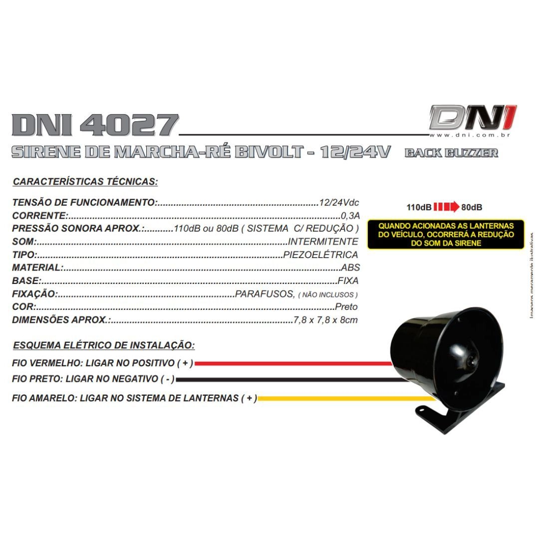 Sirene Alarme Intermitente Marcha Ré Bivolt 12v/24v Sirene Ré Caminhão Carreta Van Utilitários DNI 4027