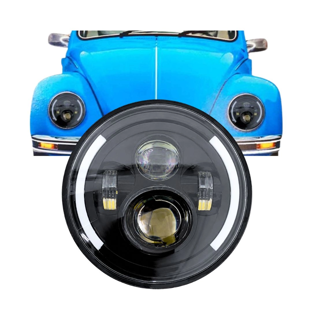Farol Angel Eyes LED 7 Polegadas 175mm 40 Watts Universal Para Fusca Kombi Defender Jeep Moto Harley Royal Enfield FLX