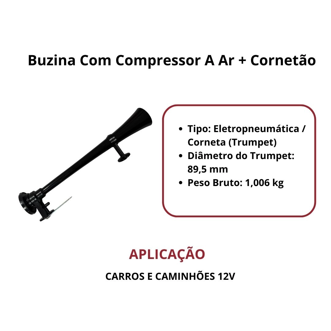 Buzina 12v Vetor VT301P Com Compressor A Ar + Cornetão Preta Com Mangueira