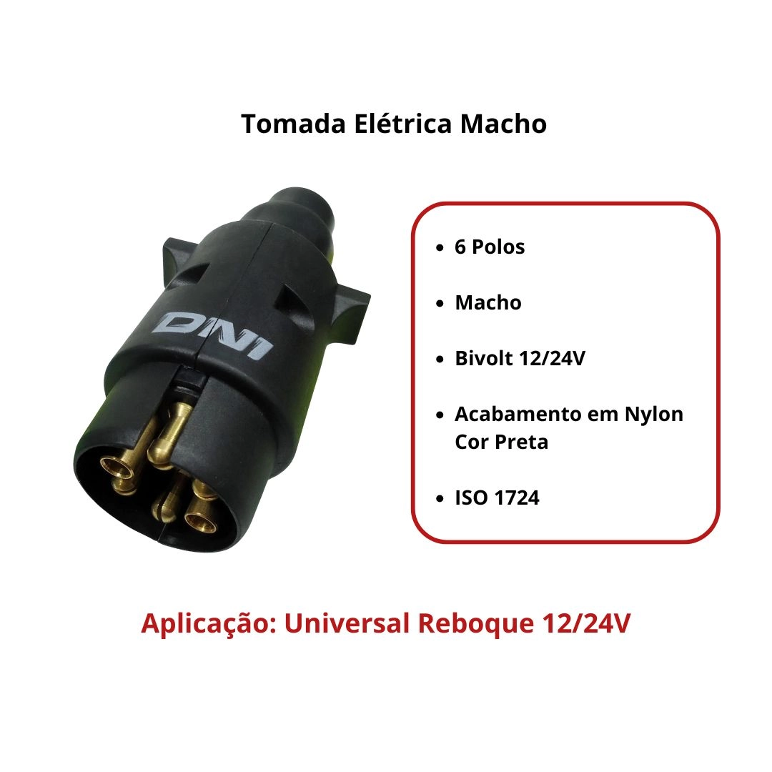 Tomada Elétrica Carretinha Caminhão Reboque Conector Macho 6 Polos Bivolt 12v/24v Nylon DNI 8380