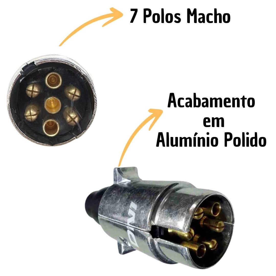 Tomada Engate Carretinha Macho 7 Polo Metal Alumínio Redonda