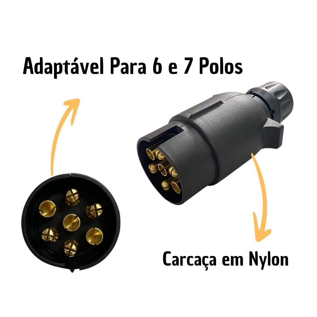 Tomada Elétrica Para Engate Redonda 6 Polos Macho Plástico Preto 12/24V