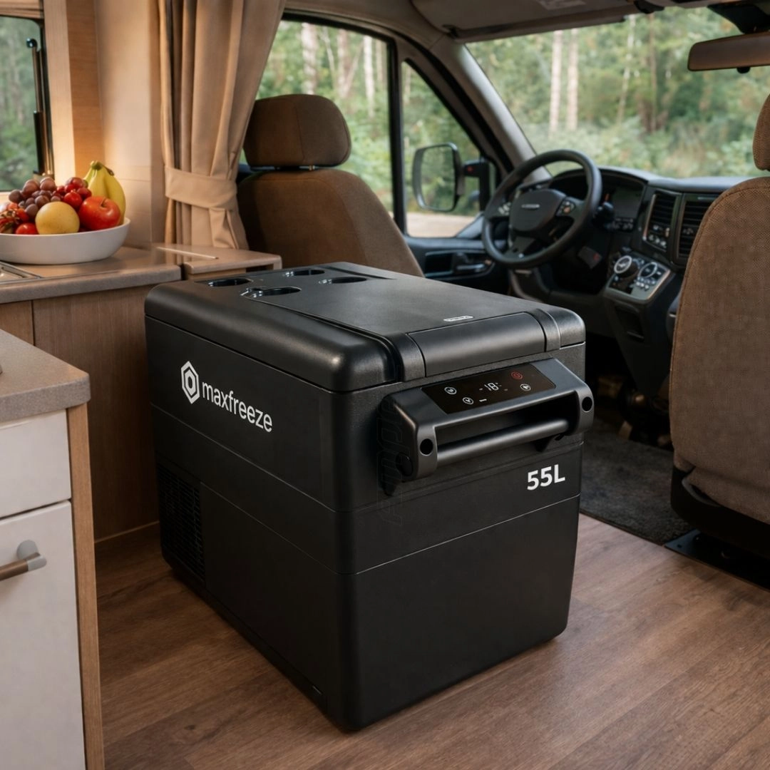 Geladeira Portátil Preta 55 Litros Freezer 12v/24v 110v/220v Caminhão Ônibus Van Carro Bluetooth Maxfreeze