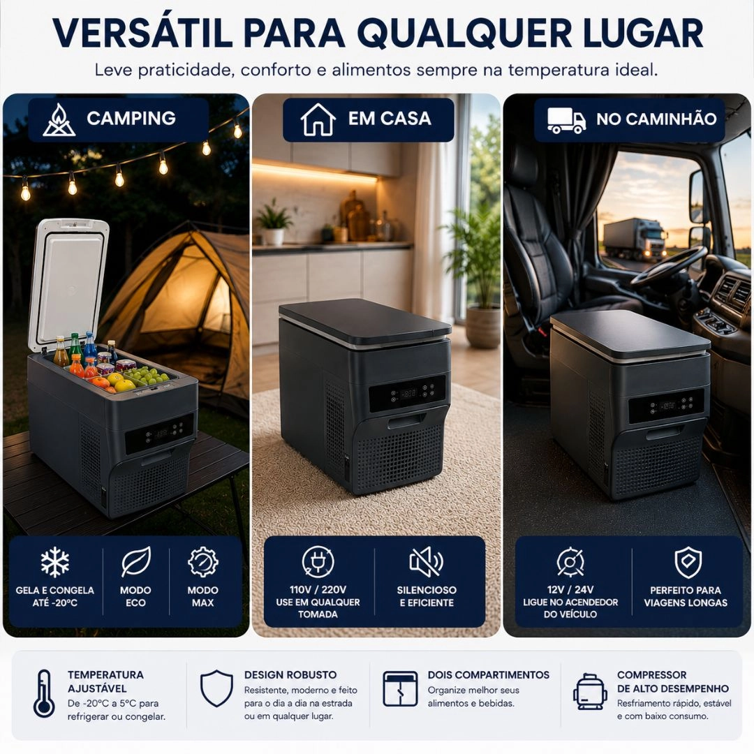 Geladeira Portátil 36 Litros 12V/24V 110v/220v Caminhão Ônibus Van Camping Barco Lancha Pesca Geladeira Portátil 36 Litros 12V/24V 110v/220v Caminhão Ônibus Van Camping Barco Lancha Pesca