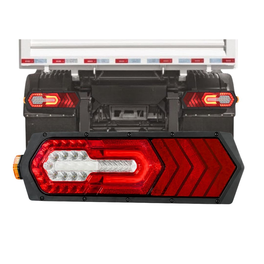 Lanterna Traseira LED Bivolt 12V 24V Com Guia de Luz e Seta Sequencial Lado Esquerdo Para Caminhões Carretas e Implemento