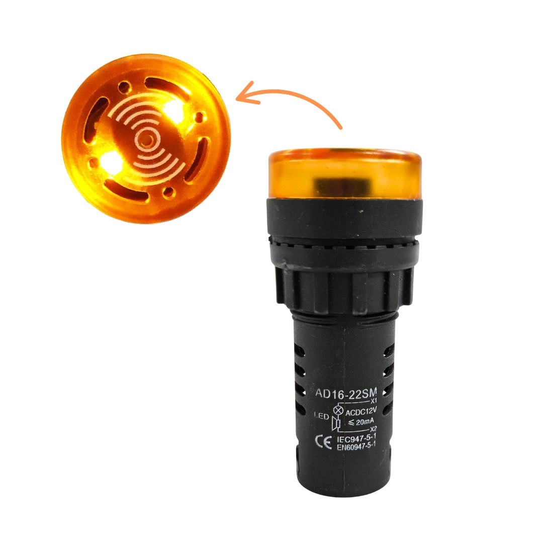 Alarme Sonoro Buzzer Sinaleiro LED Amarelo Ambar 22mm 12Vdc