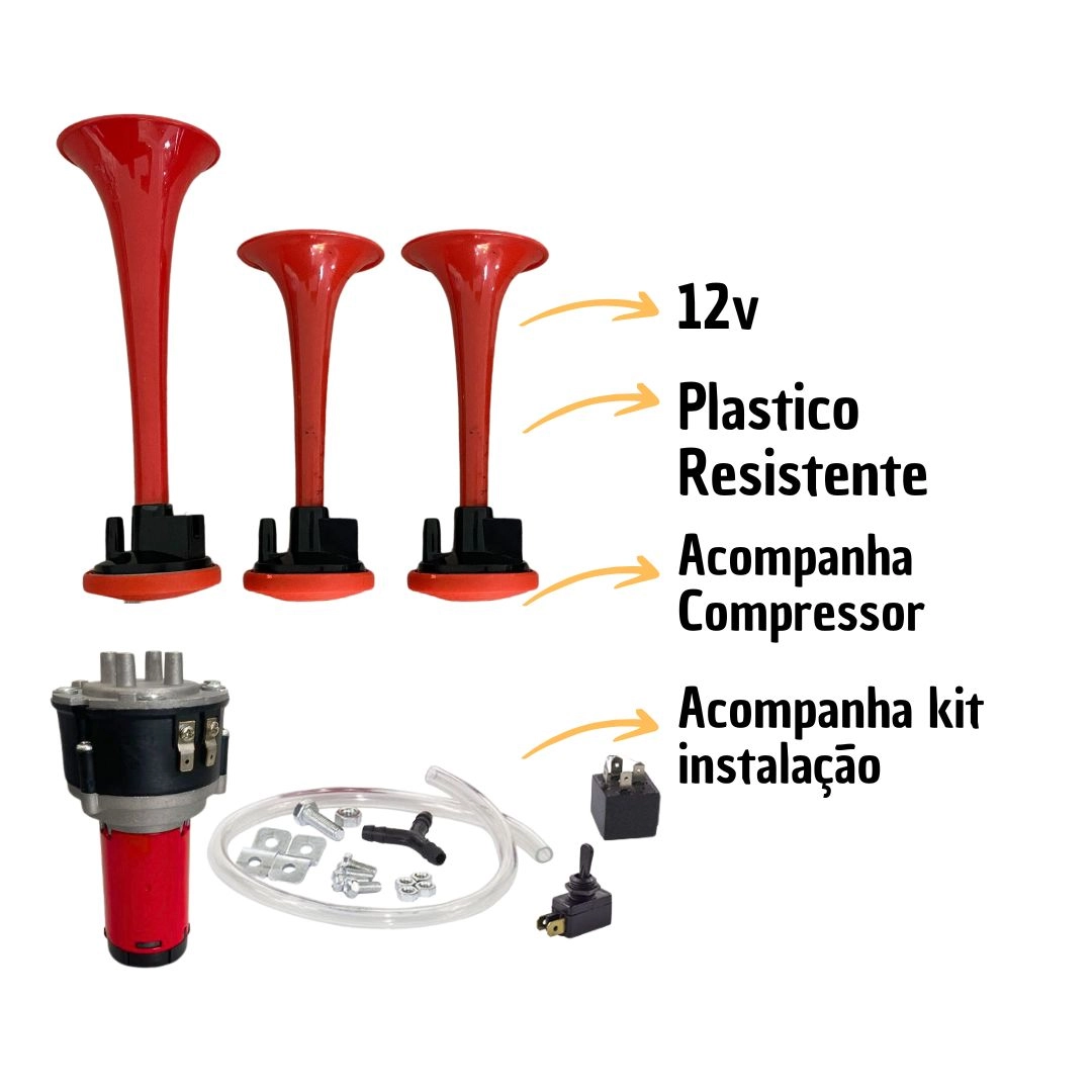 Buzina a Ar Para Carros Caminhões e Barcos 3 Cornetas Com Compressor e Mangueira 12v Universal 