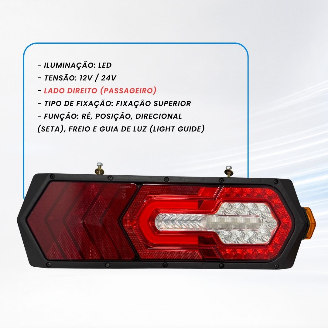 Lanterna Traseira LED Bivolt 12V 24V Com Guia de Luz Lado Direito Para Caminhões Carretas e Implementos Rodoviários