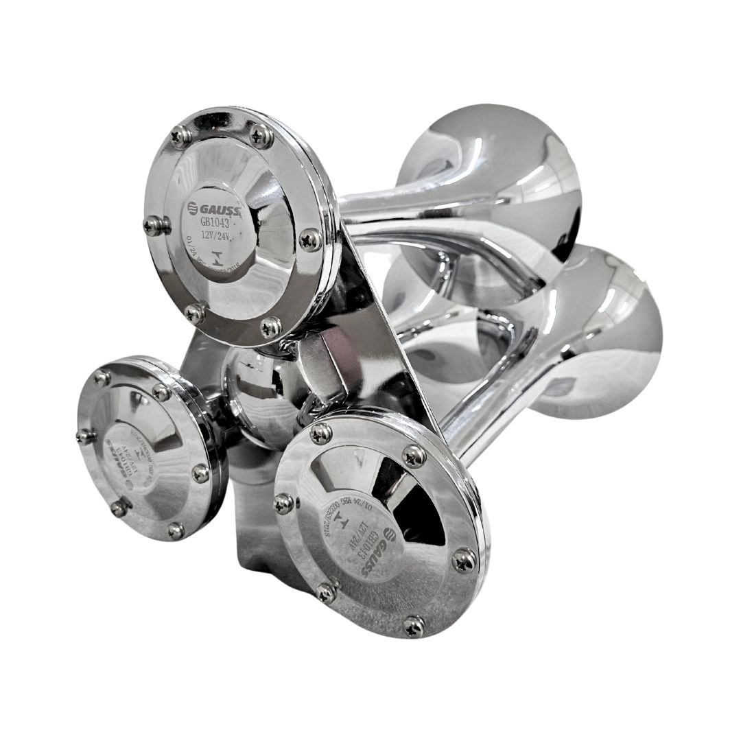 Buzina Marítima 3 Cornetas Cromada 12/24v Universal Para Navio Barco Iate Caminhão Gauss GB1043