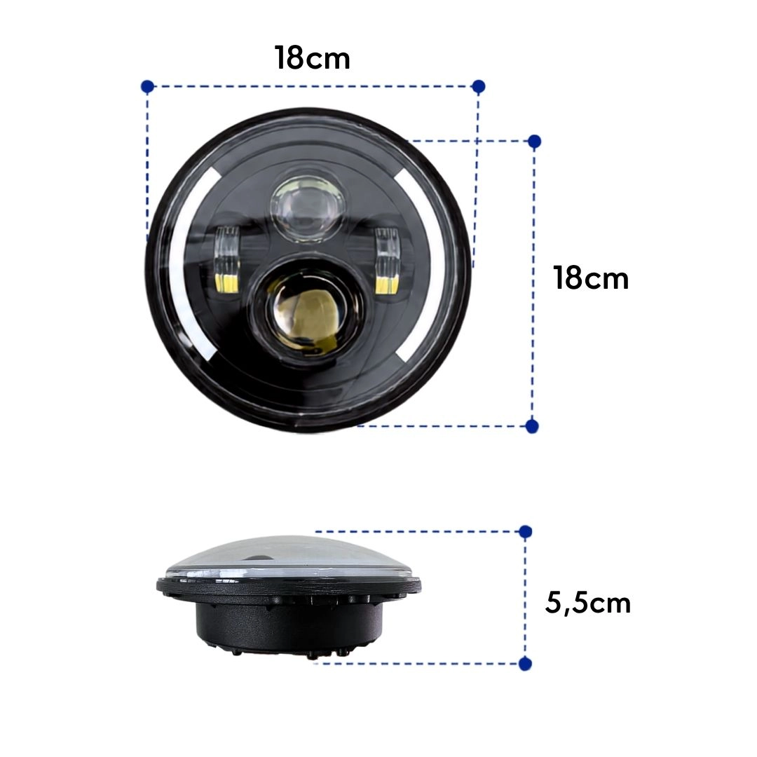 Farol Angel Eyes LED 7 Polegadas 175mm 40 Watts Universal Para Fusca Kombi Defender Jeep Moto Harley Royal Enfield FLX Farol Angel Eyes LED 7 Polegadas 175mm 40 Watts Universal Para Fusca Kombi Defender Jeep Moto Harley Royal Enfield FLX