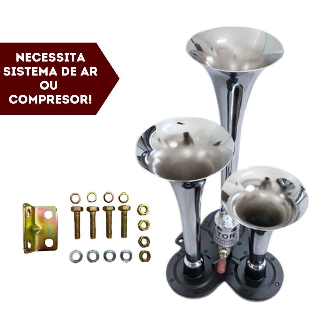 Buzina 3 Cornetas Cromada a Ar Marítima Para Caminhão 12V/24V Buzina Tripla Ar Marítima