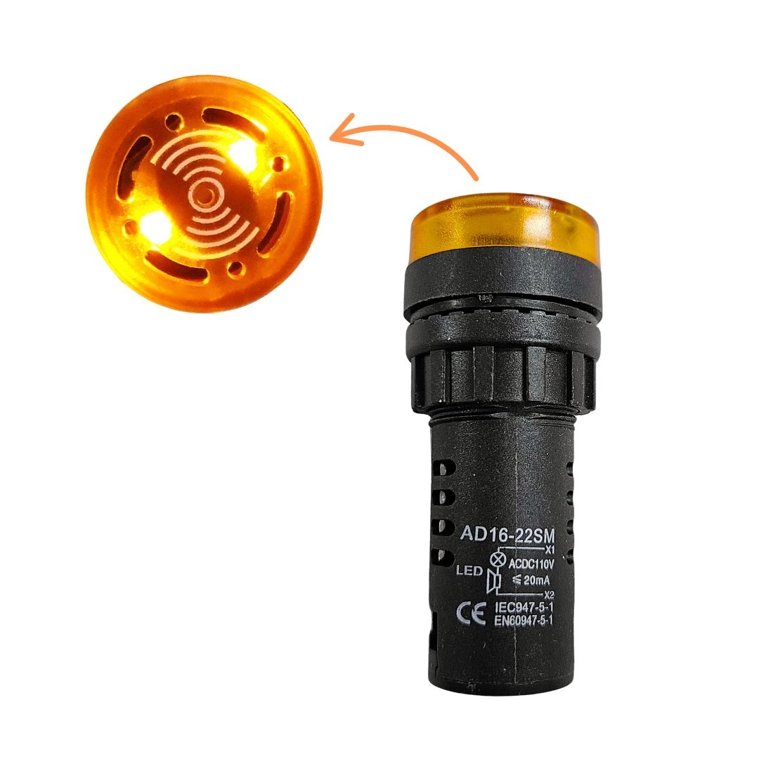 Alarme Sonoro Buzzer Sinaleiro LED Amarelo 22mm 110Vac