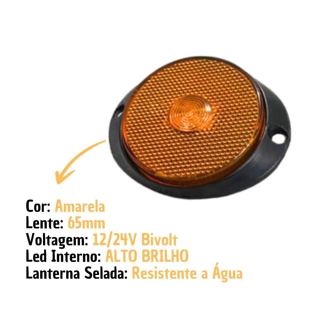 Lanterna Lateral Implemento P 65mm Com Suporte Frontal LED Amarela Para Carreta Caminhão Trailer Reboque 