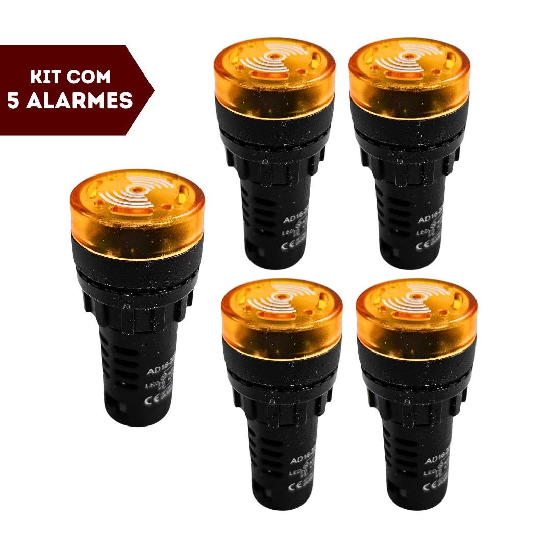Kit 5 Alarmes Sonoro Buzzer Sinaleiro LED Amarelo 22mm 24V