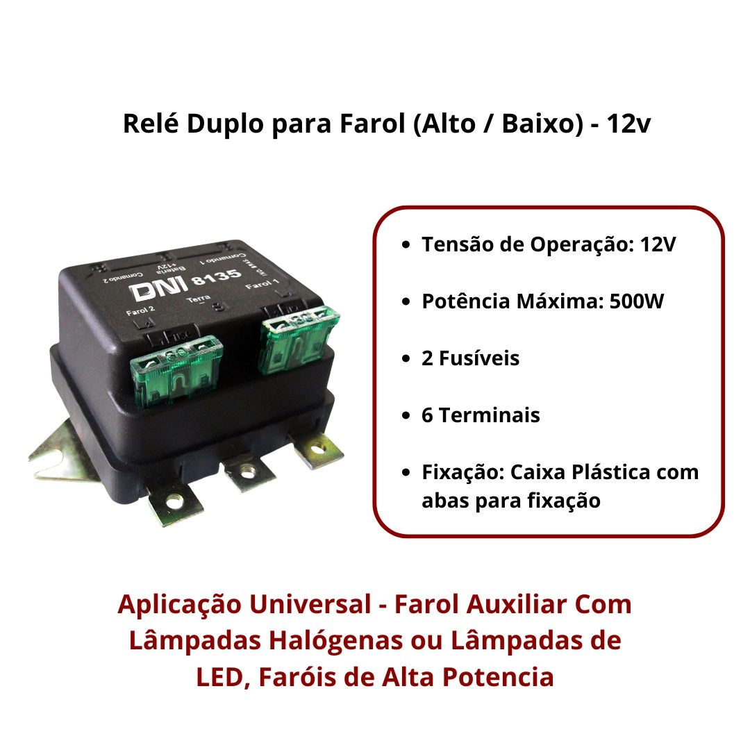 Relé Duplo de Faróis 500W 12V Universal Super Reforçado 6 Terminais Com Parafusos 2 Fusíveis Externos Relé Duplo de Faróis 500W 12V Universal Super Reforçado 6 Terminais Com Parafusos 2 Fusíveis Externos