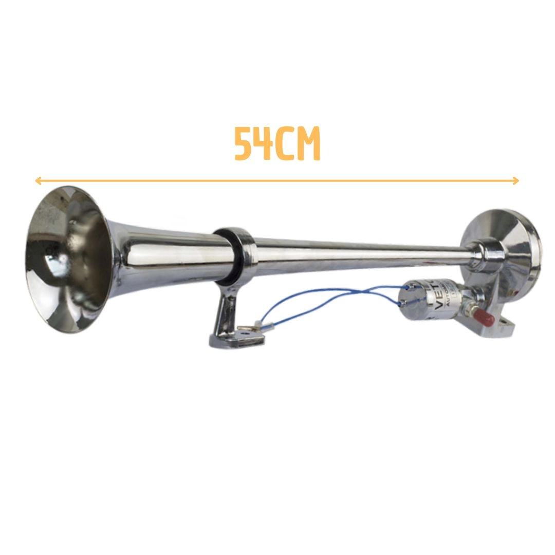 Buzina 1 Corneta 45cm Cromada Automotivas Eletropneumáticas Com Valvula Eletrica 12V/24V Bivolt VETOR Buzina 1 Corneta 45cm Cromada Automotivas Eletropneumáticas Com Valvula Eletrica 12V/24V Bivolt VETOR