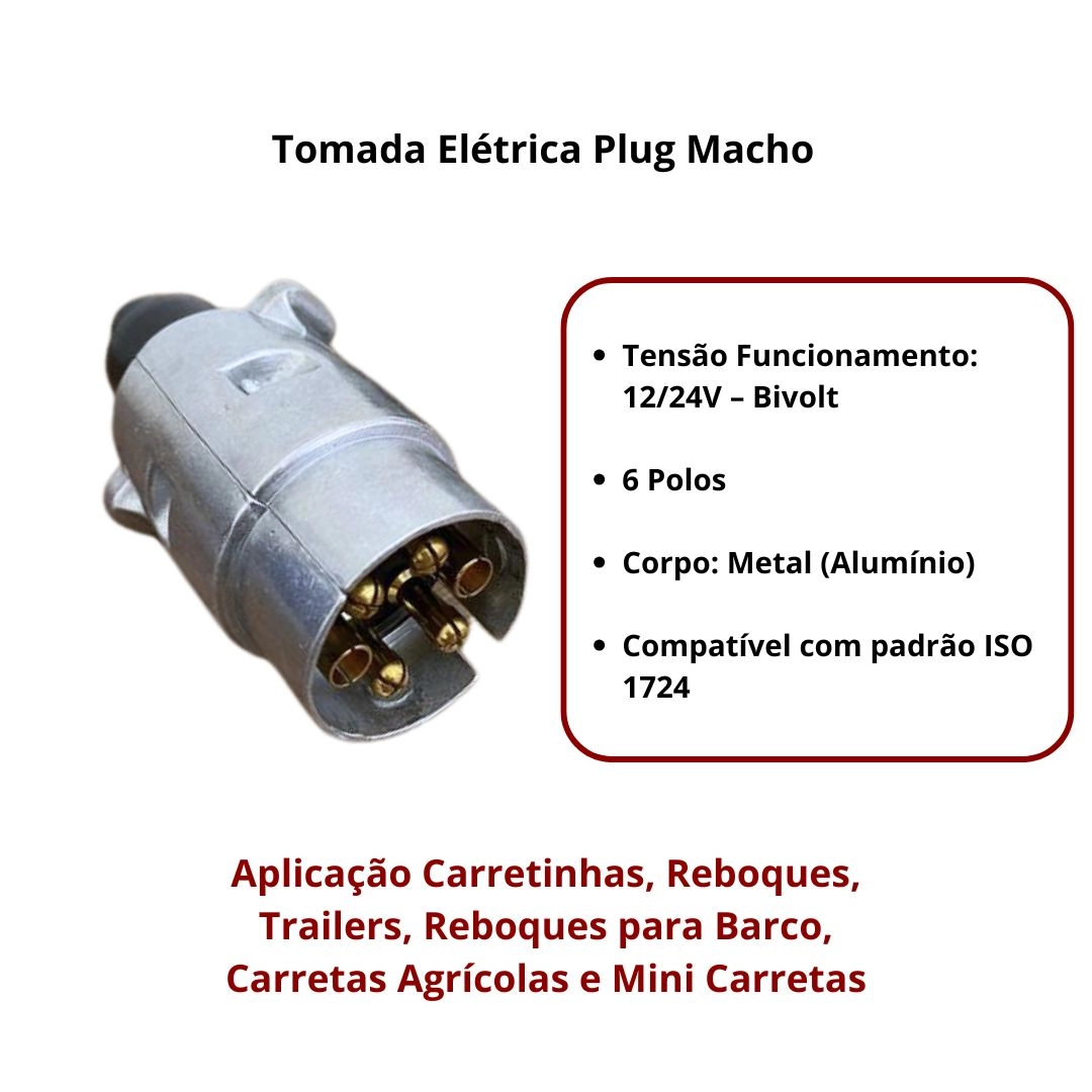 Tomada Carretinha Alumínio 6 Polos Conector Macho Tomada Reboque 6 Polos Alumínio Macho