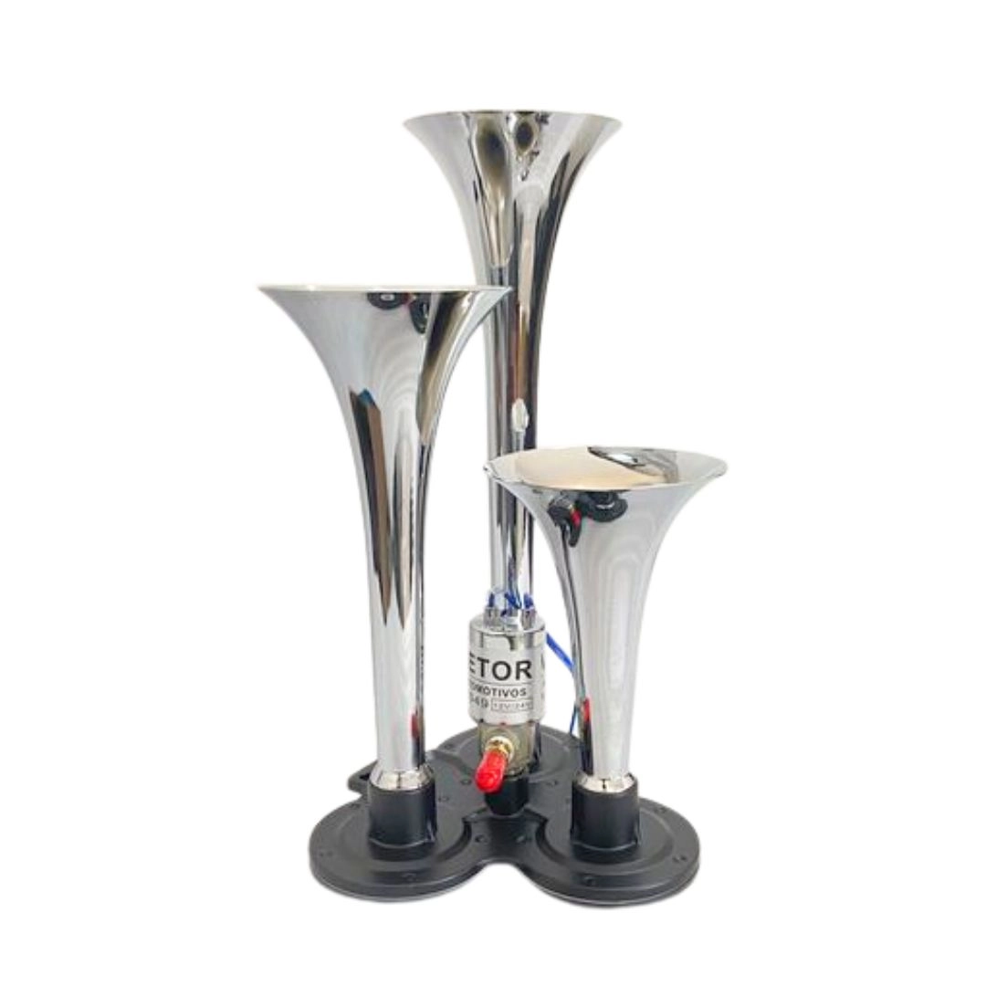 Buzina a Ar para Carro Barco e Caminhão 12v 24v Universal 3 Cornetas Cromada Buzina a Ar para Carro Barco e Caminhão 12v 24v Universal 3 Cornetas Cromada