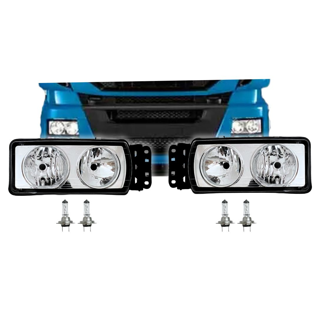 Kit Farol Dianteiro Vidro Fundo Cromado 24v Para Caminhão Iveco Stralis Tector Após 2006 Com Lâmpadas