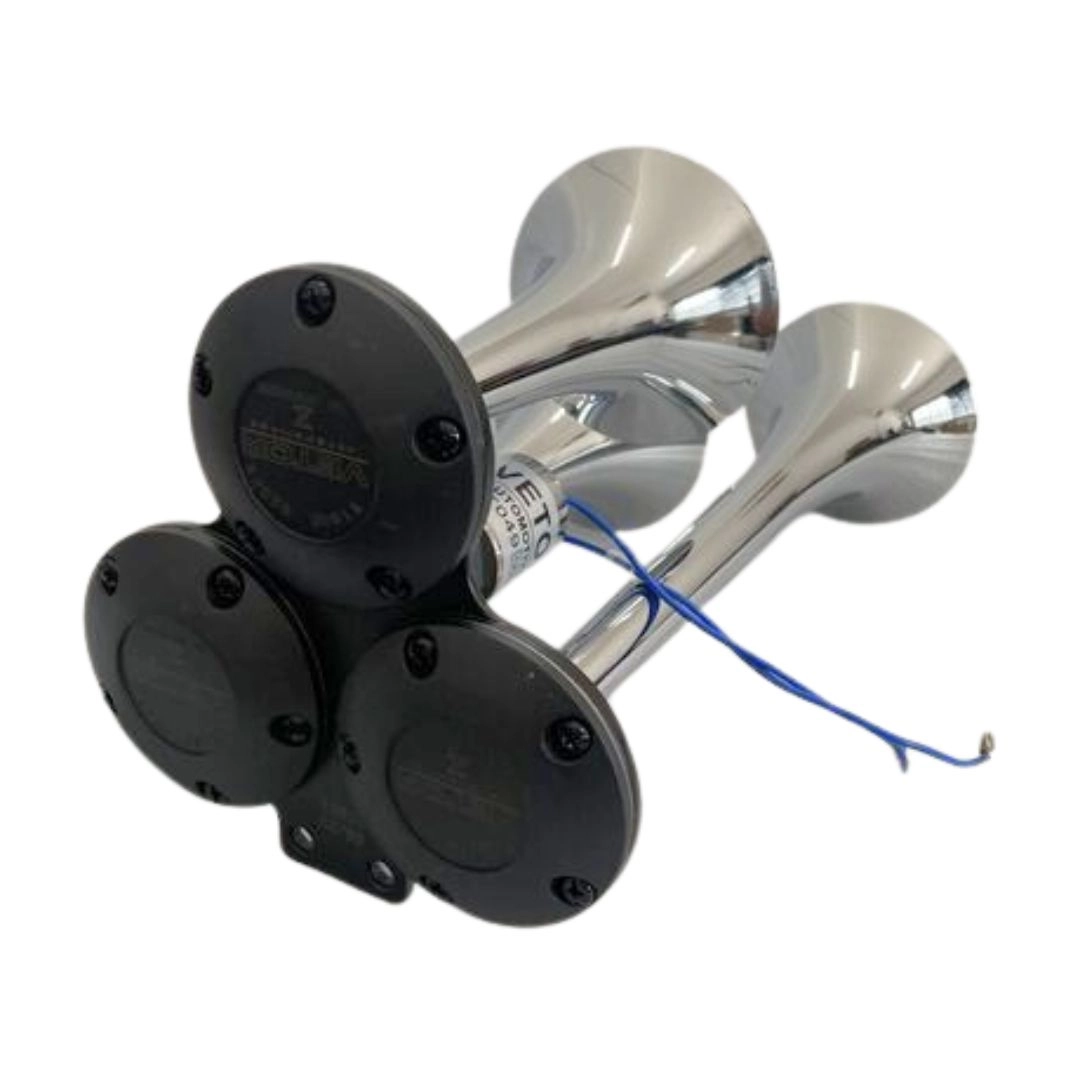 Buzina 3 Cornetas Cromada a Ar Marítima Para Caminhão 12V/24V Buzina Tripla Ar Marítima