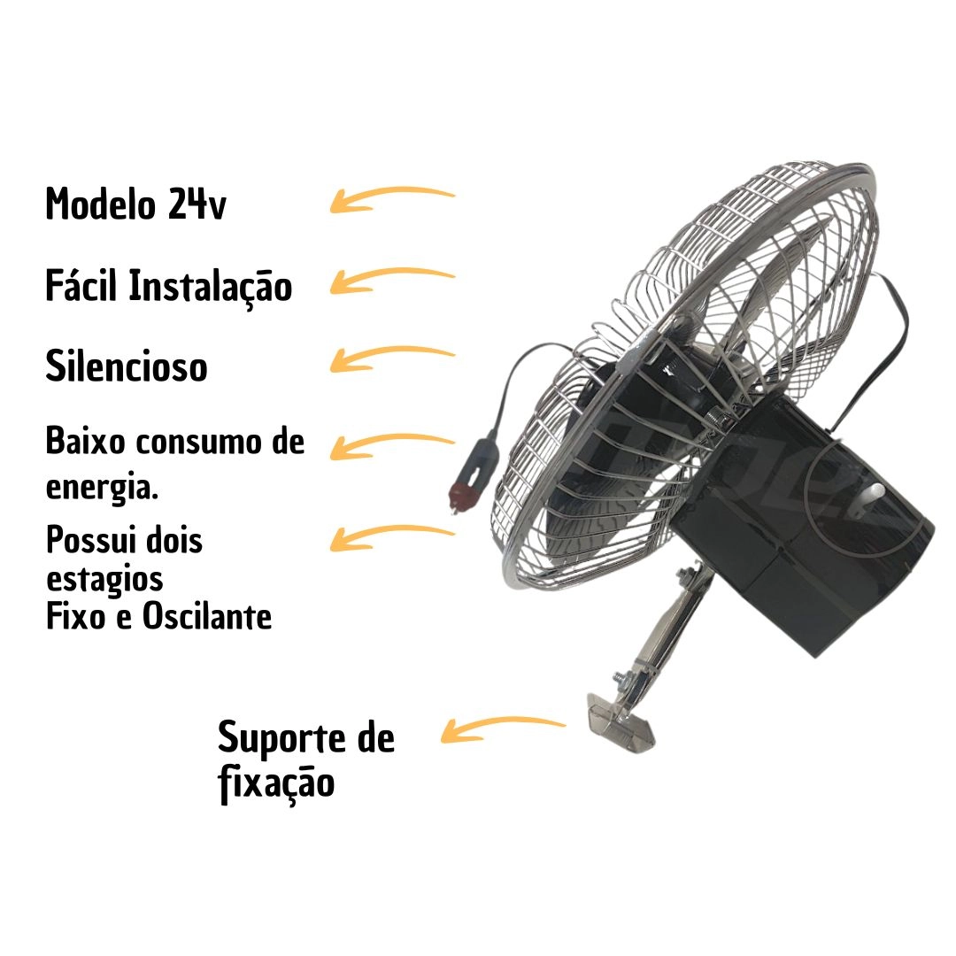 Ventilador Oscilante Automotivo 8 Polegadas Grade de Metal 24V Silencioso Com Plug Acendedor Para Cabine Caminhão Ônibus