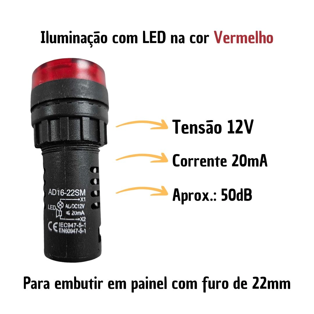 Alarme Sonoro Buzzer Sinaleiro LED Vermelho 22mm 24Vdc