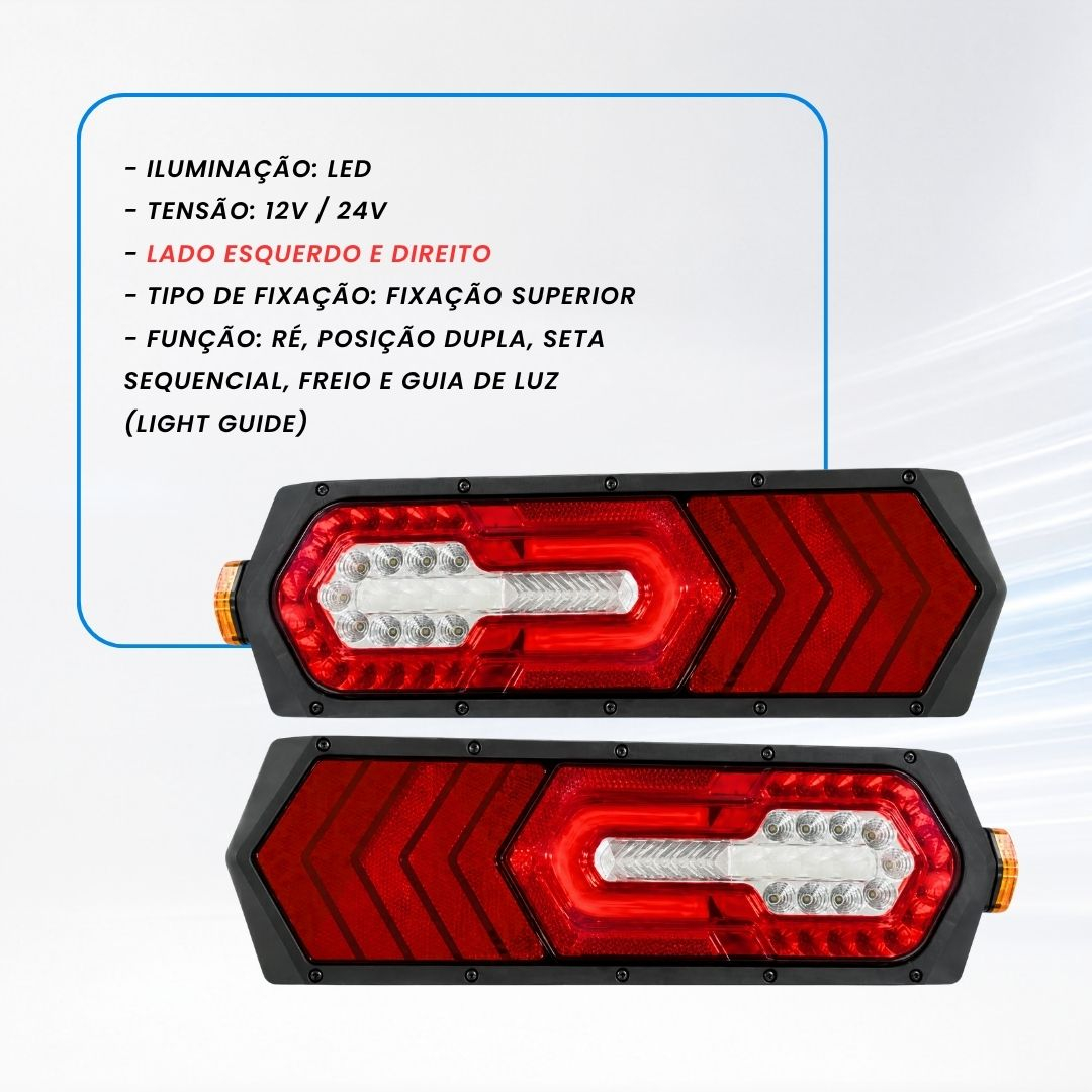Par de Lanternas Traseiras LED Bivolt 12V 24V Com Guia de Luz e Seta Sequencial Para Caminhões Carretas e Implementos