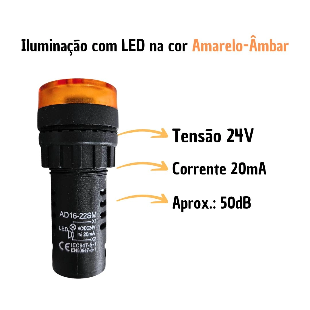 Kit 5 Alarmes Sonoro Buzzer Sinaleiro LED Amarelo 22mm 24V