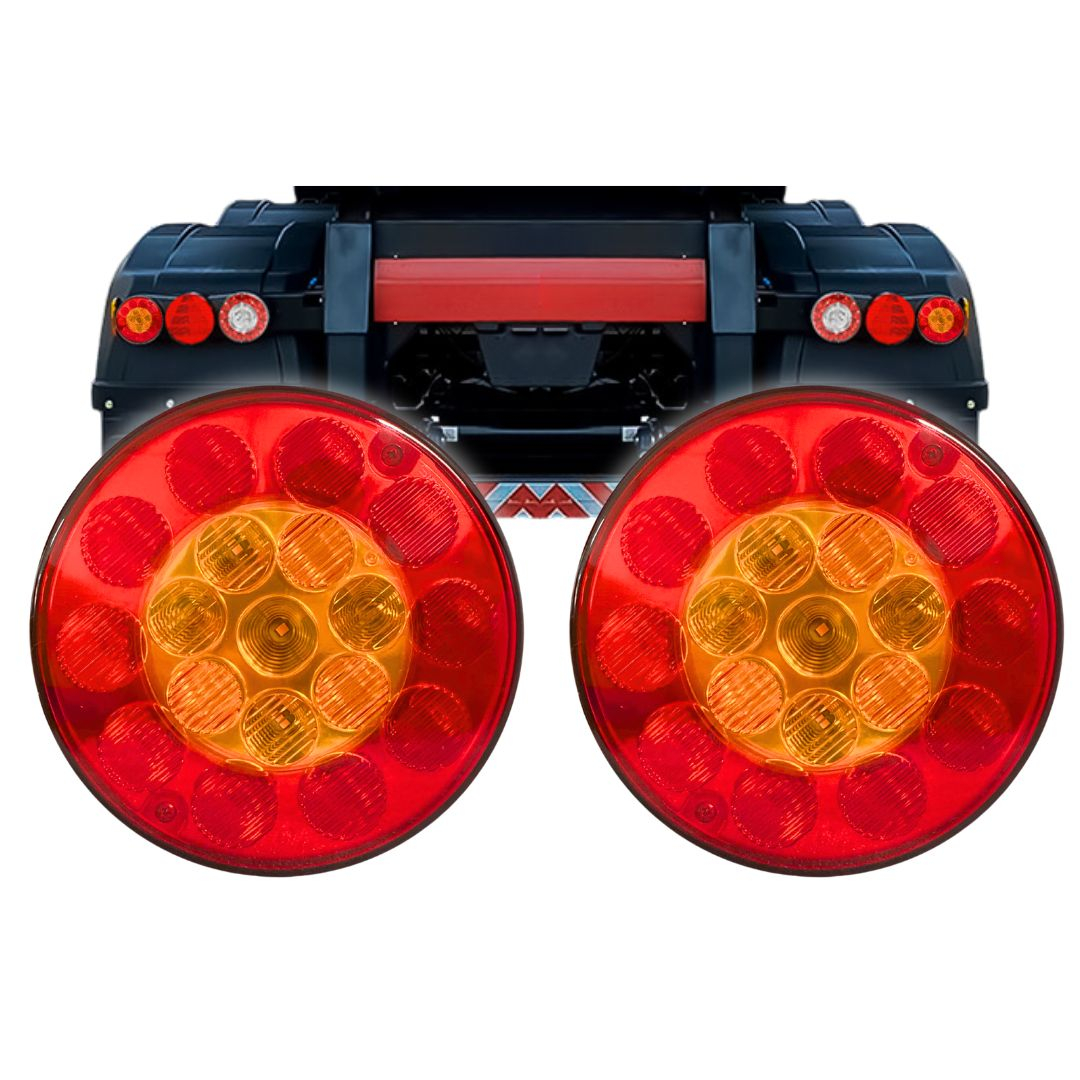 Par Lanterna Traseira LED Redonda Bivolt 135mm 4 Vias Seta Freio Posição Universal Caminhão Carreta SinalSul