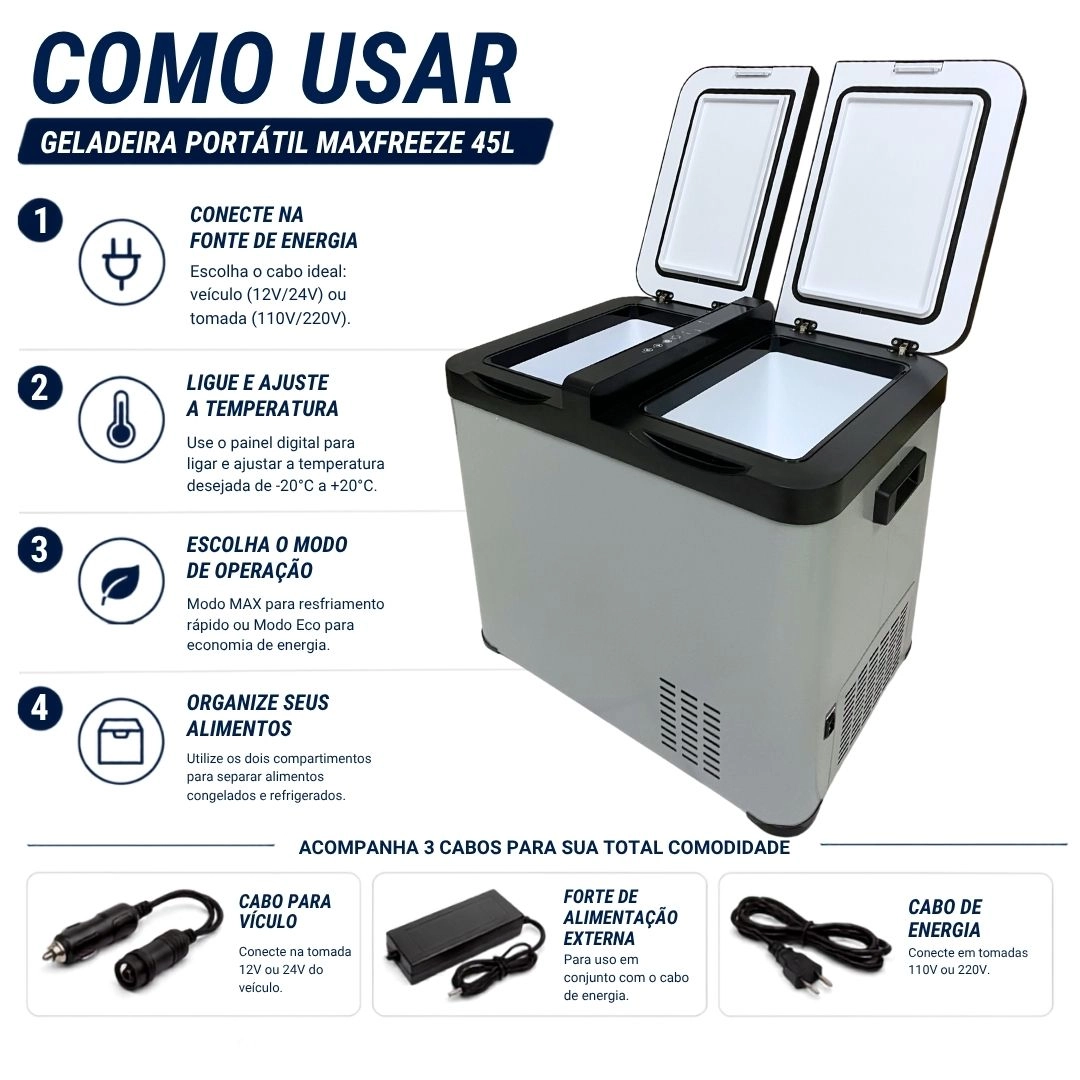 Geladeira Portátil 45 Litros 12/24V 110/220v Duas Portas Caminhão Carro Motor Home Ônibus Maxfreeze Geladeira Portátil 45 Litros 12/24V 110/220v Duas Portas Caminhão Carro Motor Home Ônibus Maxfreeze