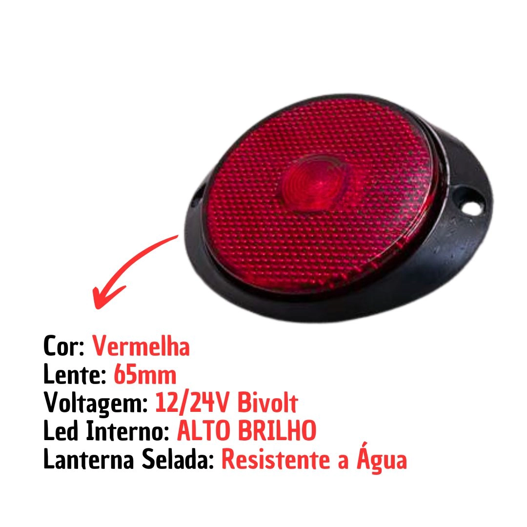 Lanterna Lateral Implemento P 65mm Com Suporte Frontal LED Vermelha Para Carreta Caminhão Trailer Reboque