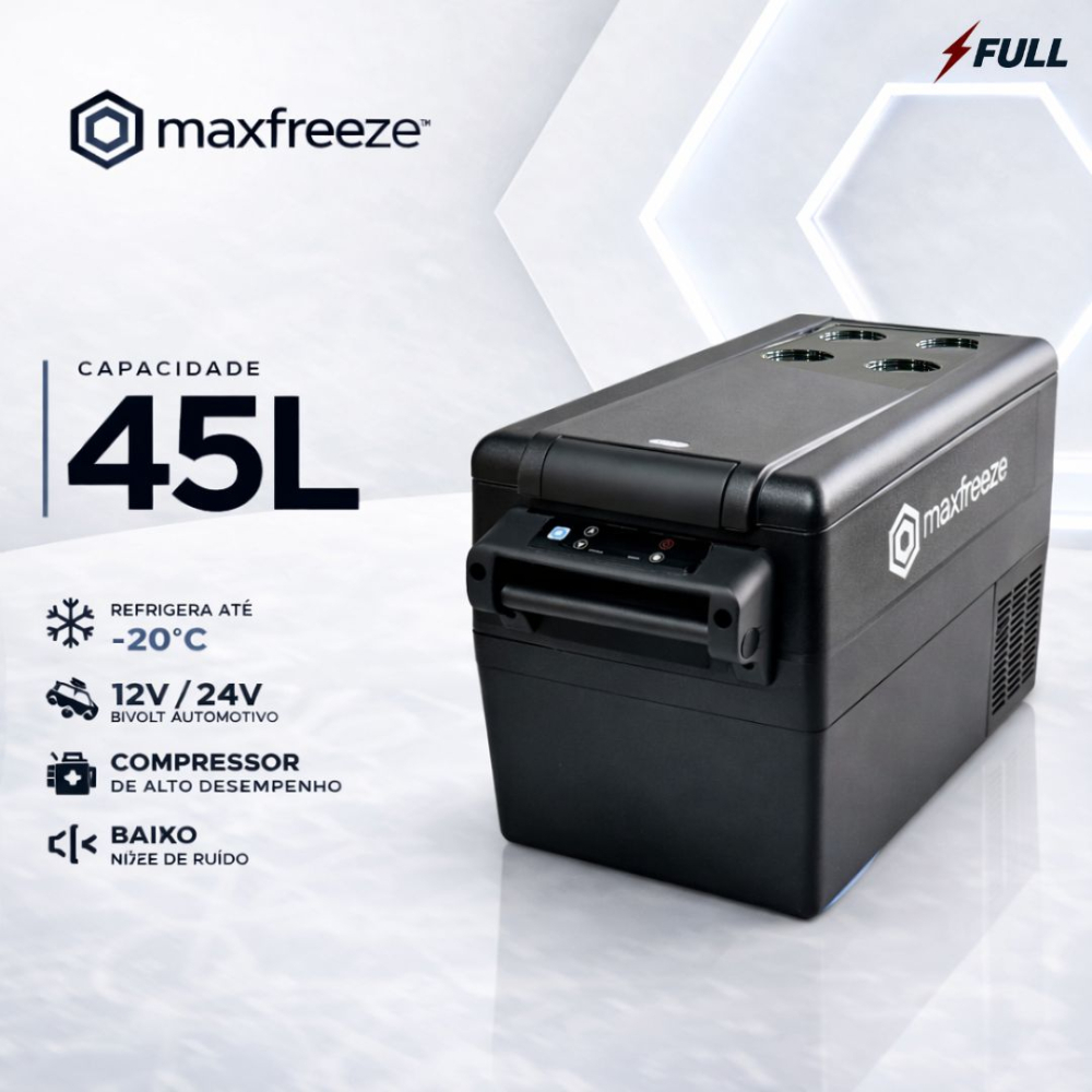 Geladeira Portátil Preta 45 Litros Freezer 12v/24v 110v/220v Caminhão Ônibus Van Carro Bluetooth Maxfreeze