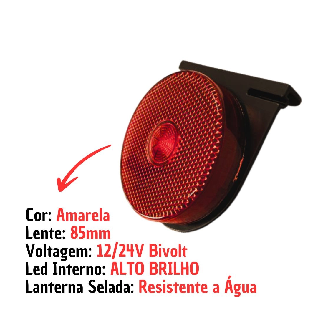 Lanterna Lateral Implemento G 85mm Com Suporte LED Vermelha Para Carreta Caminhão Trailer Reboque
