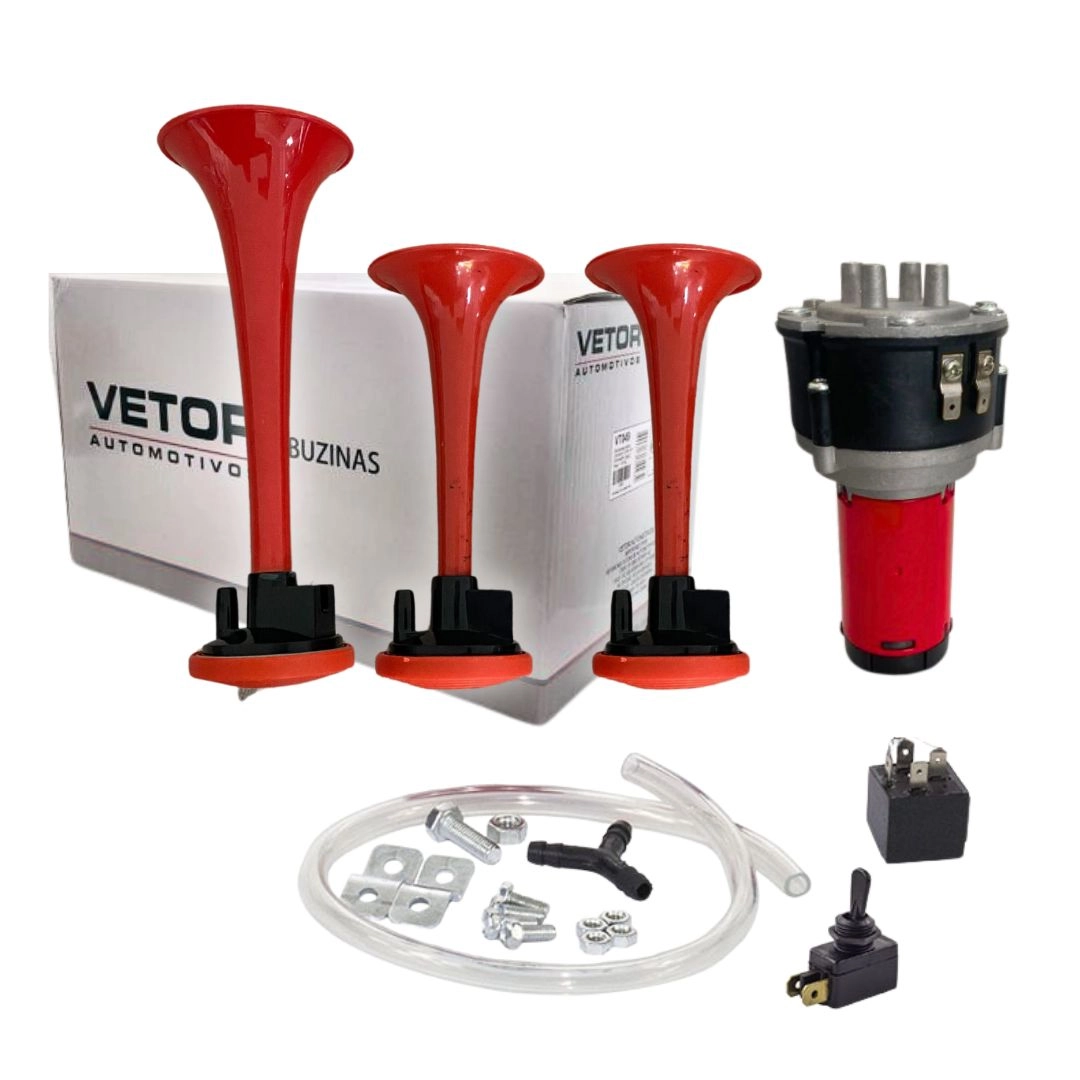 Buzina a Ar Para Carros Caminhões e Barcos 3 Cornetas Com Compressor e Mangueira 12v Universal 