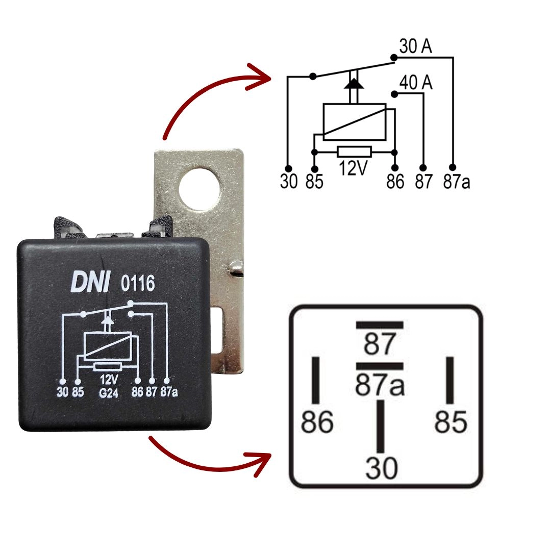 Relé Auxiliar Reversor 40/30a 5 Terminais 12v Universal Com Suporte DNI0116