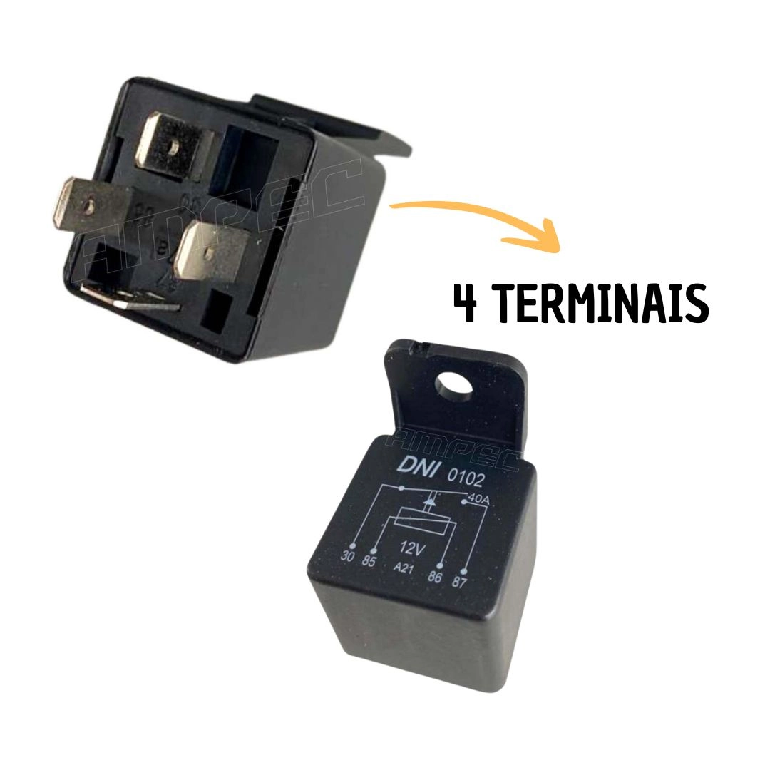 Relé Auxiliar Universal 12V 40A 4 Terminais com Suporte Integrado DNI Original DNI0102 Relé Auxiliar Universal 12V 40A 4 Terminais com Suporte Integrado DNI Original DNI0102