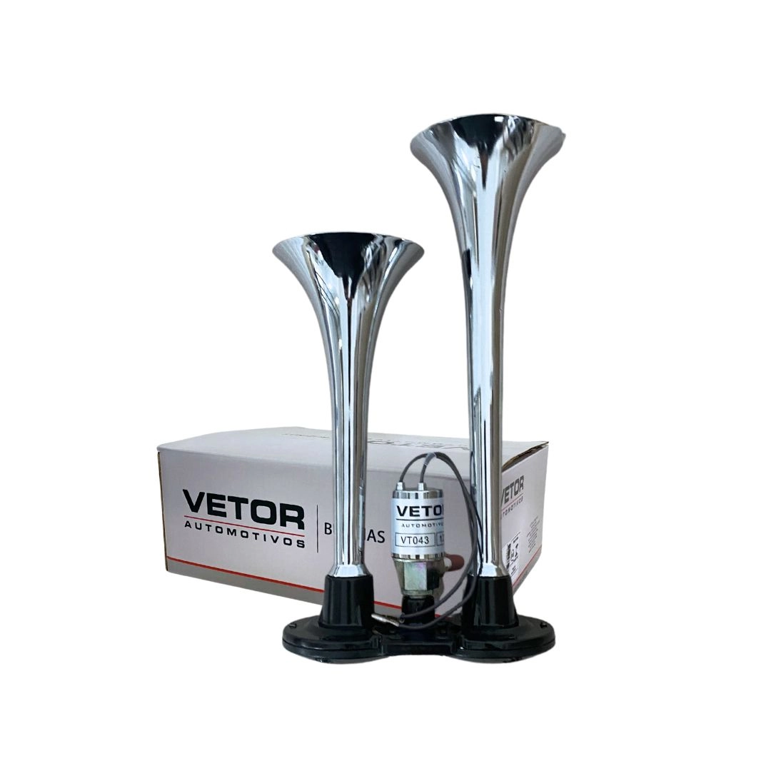 Buzina Corneta Dupla Cromada a Ar Com Válvula Elétrica Para Carro Universal 12V Vetor VT043