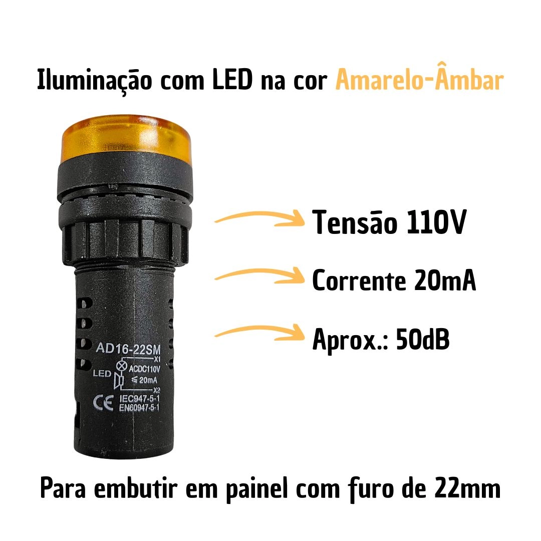 Alarme Sonoro Buzzer Sinaleiro LED Amarelo 22mm 110Vac