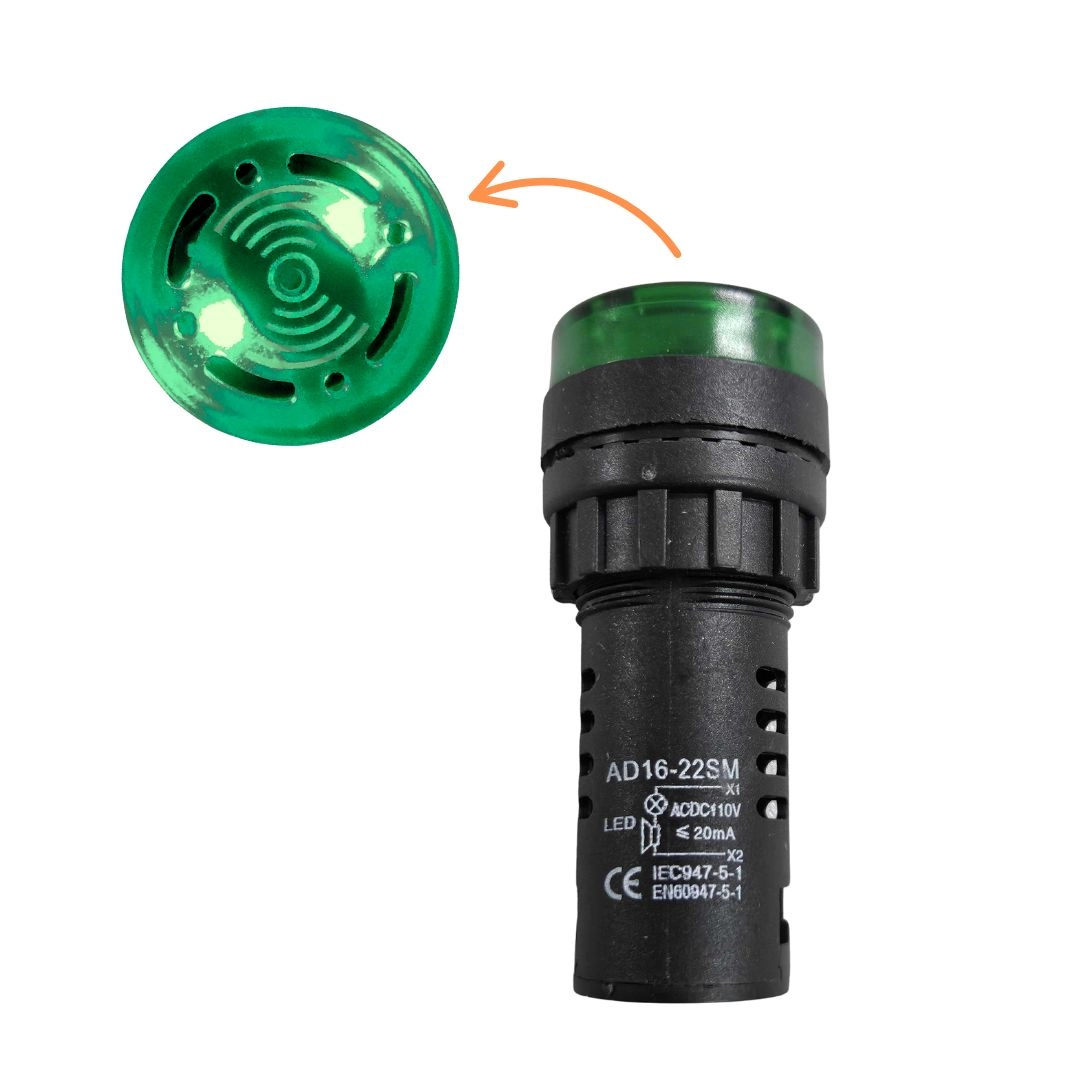 Alarme Sonoro Buzzer Sinaleiro LED Verde 22mm 110V DNI