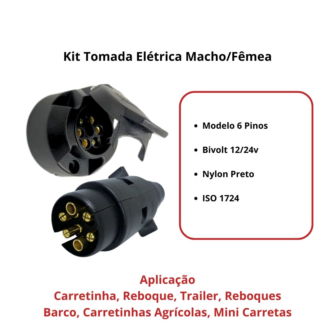 Kit Tomada 6 Polos Macho e Femea Carretinha Reboque Plug Tomada Carretinha Trailer 6 Polos Femea e Macho