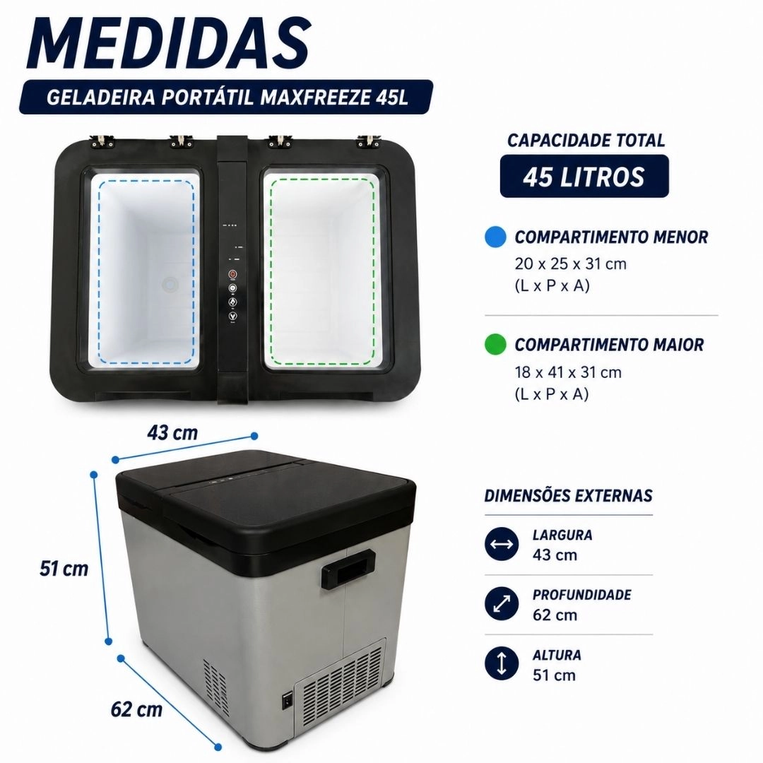 Geladeira Portátil 45 Litros 12/24V 110/220v Duas Portas Caminhão Carro Motor Home Ônibus Maxfreeze Geladeira Portátil 45 Litros 12/24V 110/220v Duas Portas Caminhão Carro Motor Home Ônibus Maxfreeze
