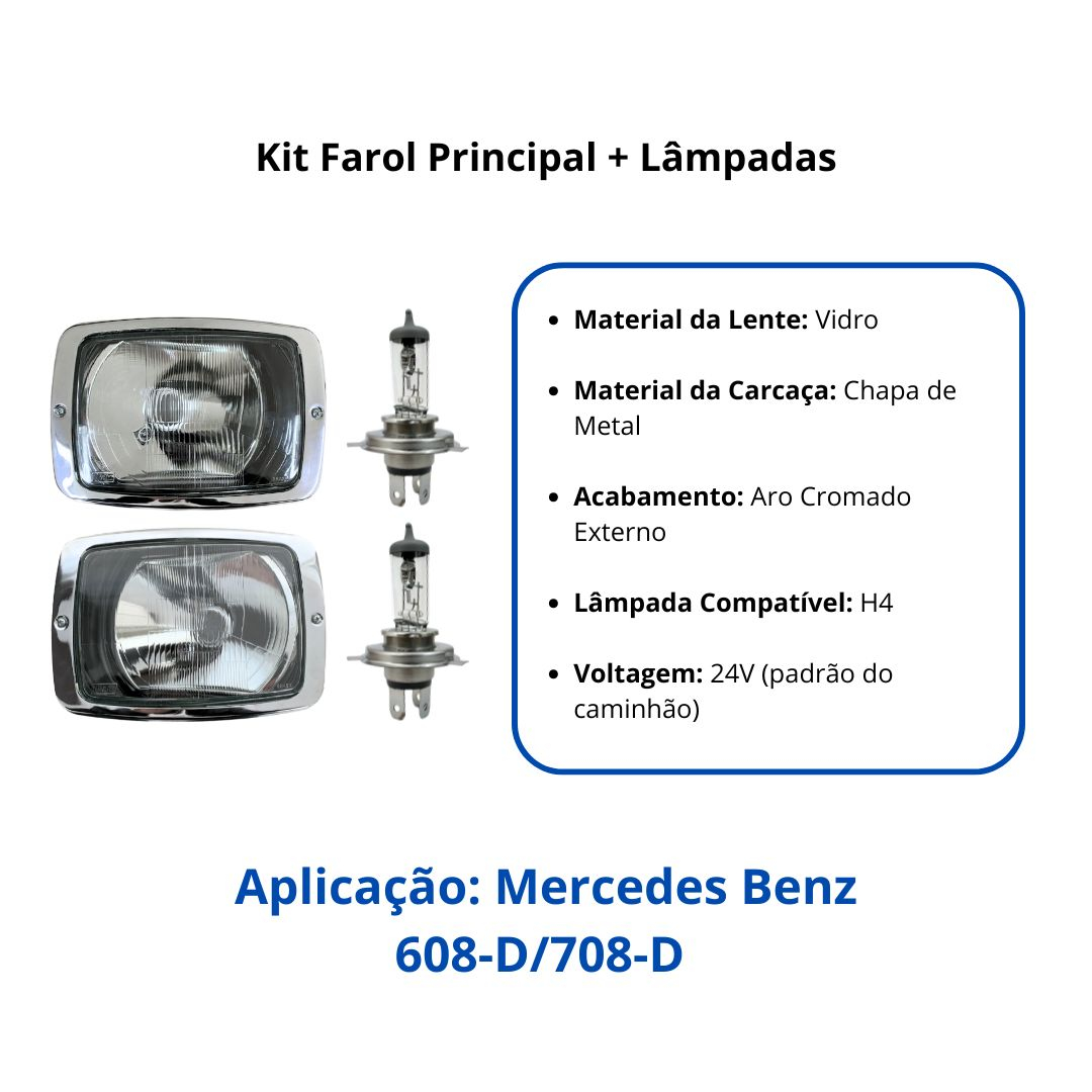 Kit Farol Dianteiro Principal Para Mercedes Benz 608 708 1972 a 1989 Com Lâmpadas Original Nino