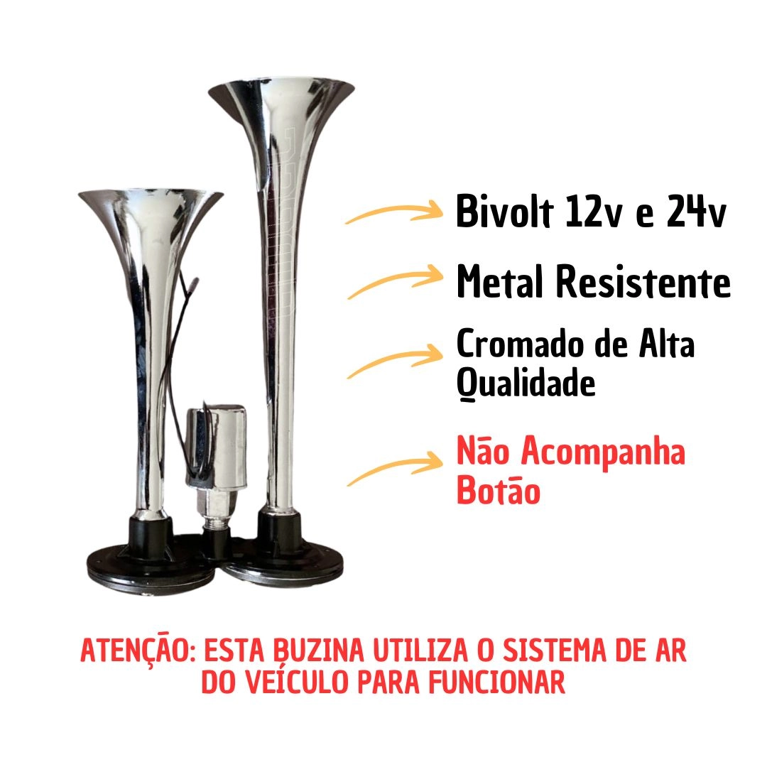 Buzina a Ar para Carro Caminhão Barco 12v 24v Universal 2 Cornetas cromada