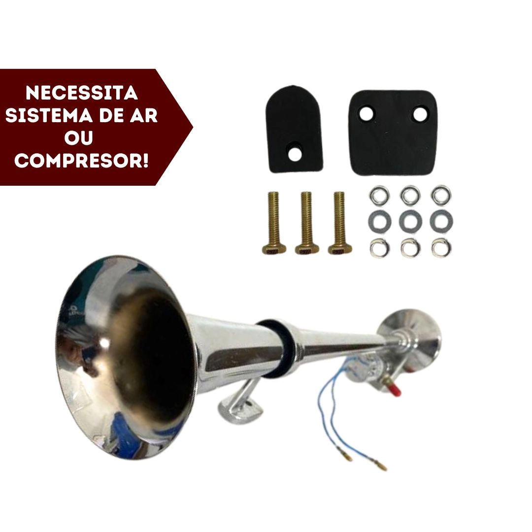 Buzina 1 Corneta 45cm Cromada Automotivas Eletropneumáticas Com Valvula Eletrica 12V/24V Bivolt VETOR Buzina 1 Corneta 45cm Cromada Automotivas Eletropneumáticas Com Valvula Eletrica 12V/24V Bivolt VETOR