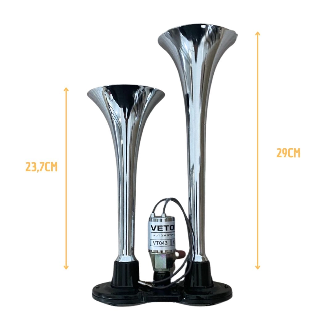 Buzina Corneta Dupla Cromada a Ar Com Válvula Elétrica Para Carro Universal 12V Vetor VT043